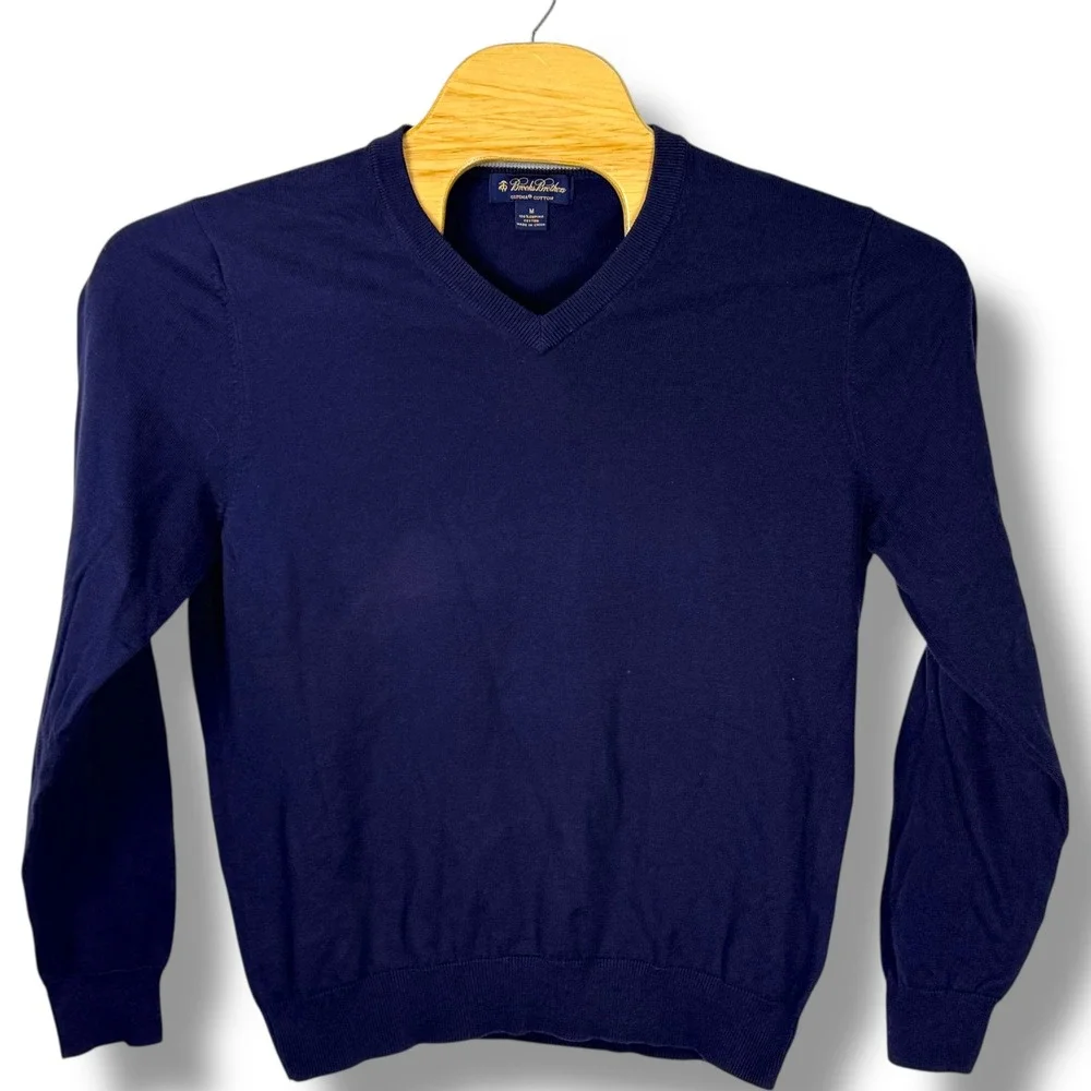 Brooks‎ Brothers Mens V Neck Knit Sweater Navy Blue Supima Cotton Medium Preppy